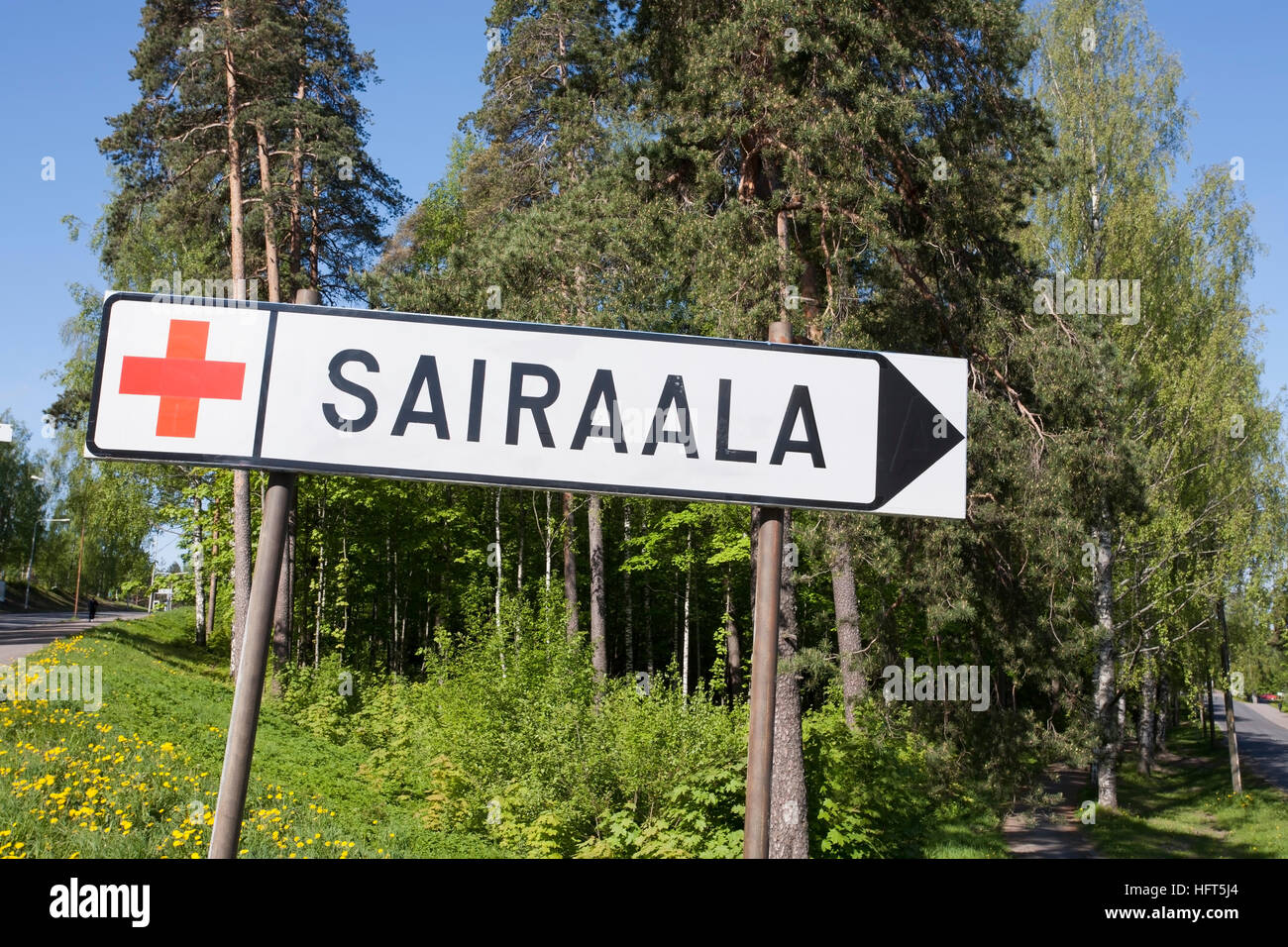 hospital red cross traffic sign, Finland Stock Photo
