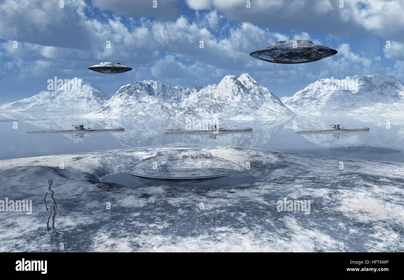 German Nazi U Boats & A UFOs Approaching The Hidden Top Secret Base Known As 211 . Located At The Antarctic. Stock Photo