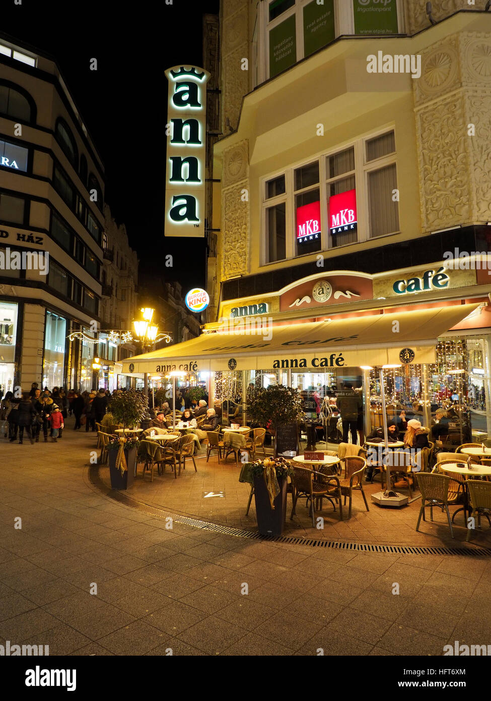 Anna Cafe in the evening, one of the most famous and popular cafe's in the Vaci Utca street, Budapest city center, Hungary Stock Photo