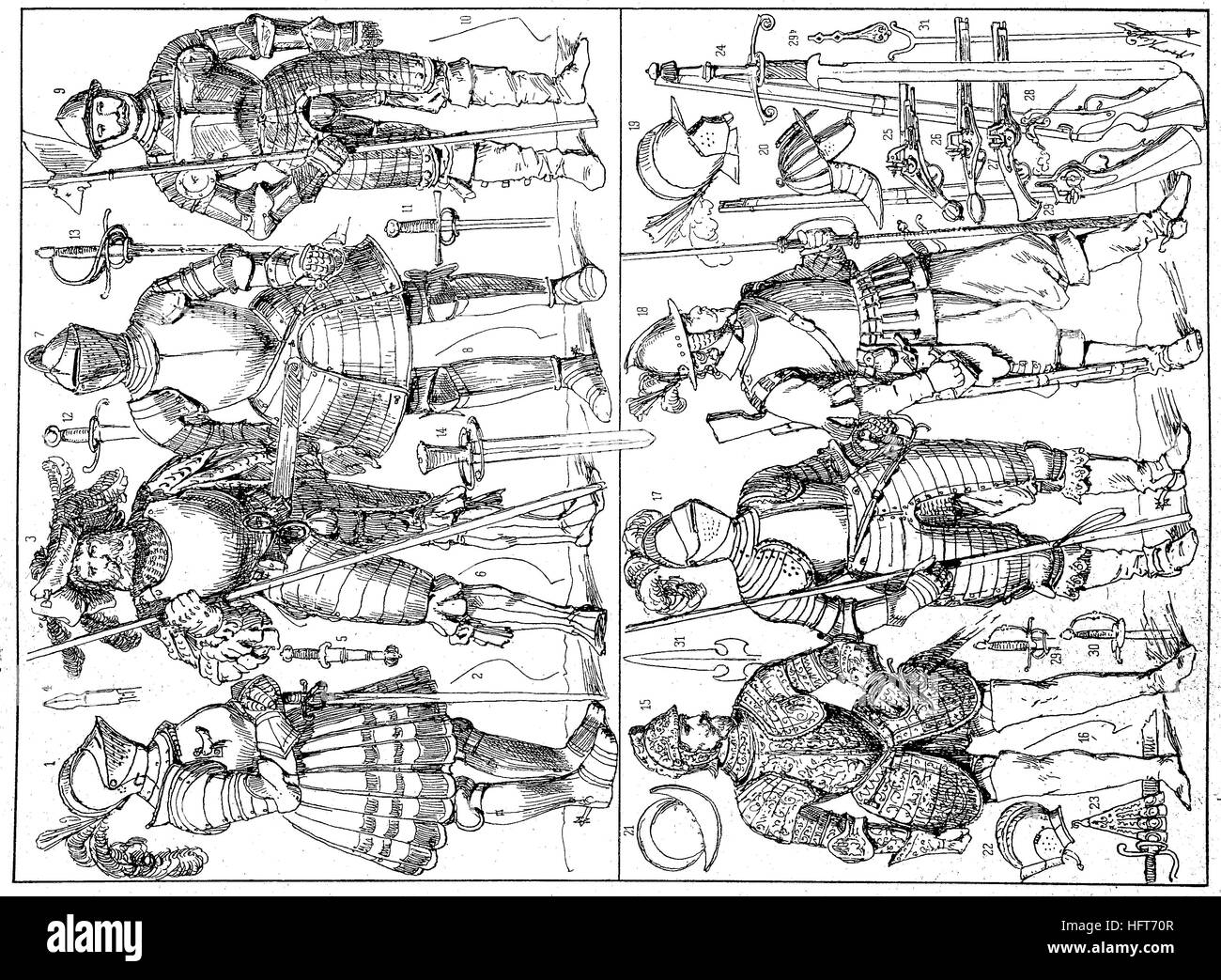 Protective weapons of the 16th and 17th centuries, woodcut from the year 1885, digital improved Stock Photo