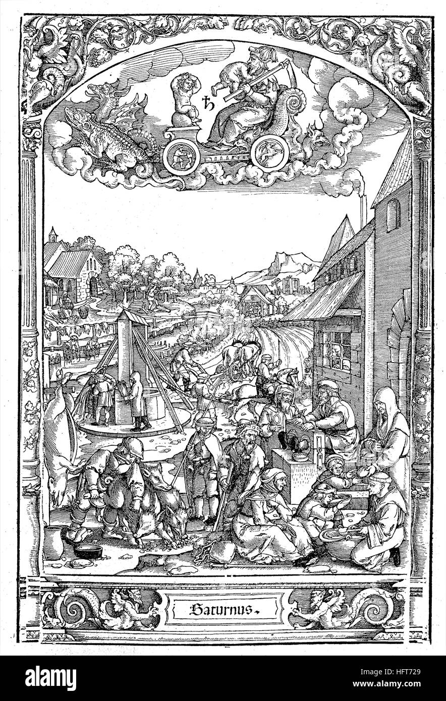 German country life around 1550, view of the different professions and works, woodcut from the year 1885, digital improved Stock Photo