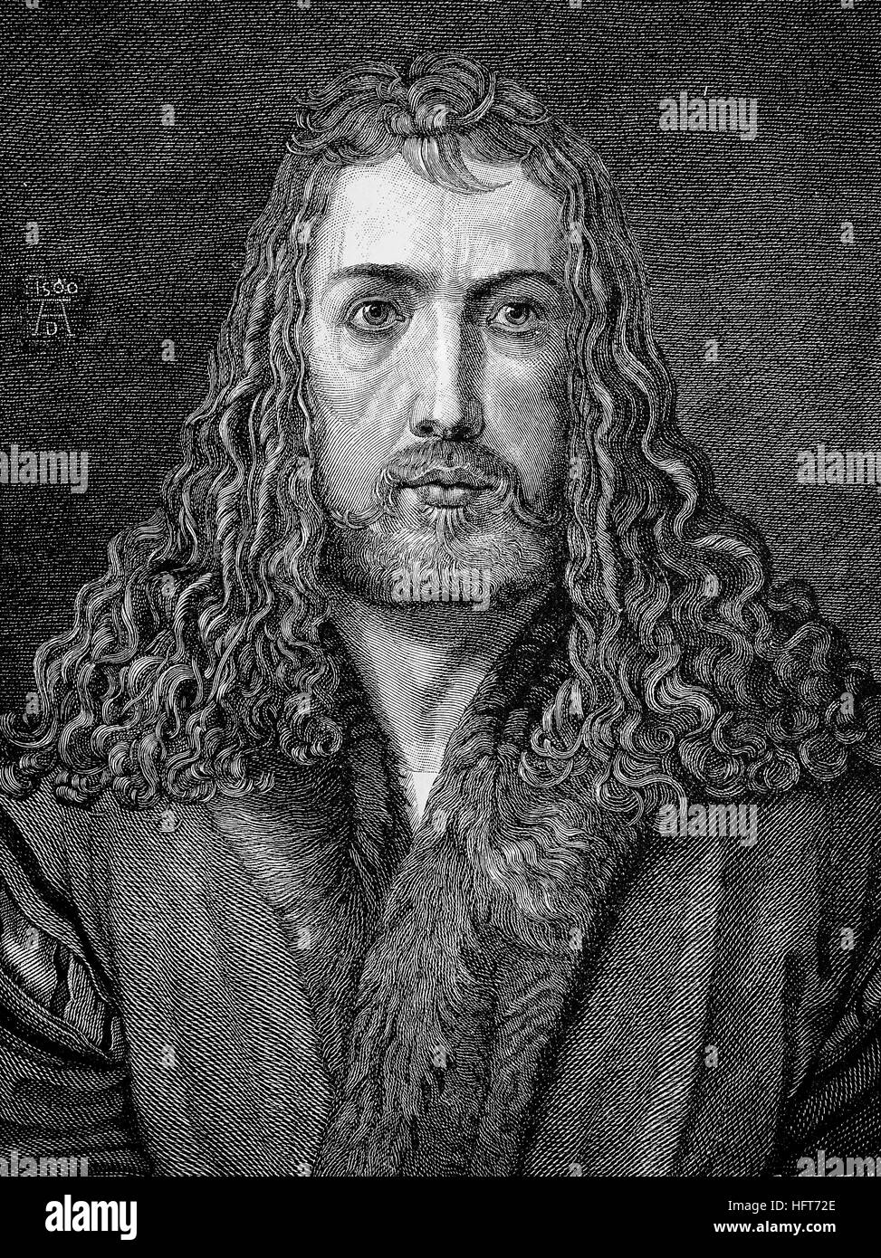 Albrecht Duerer, 1471-1528, a painter, printmaker, and theorist of the German Renaissance, Self-Portrait at 28, 1500, woodcut from the year 1885, digital improved Stock Photo