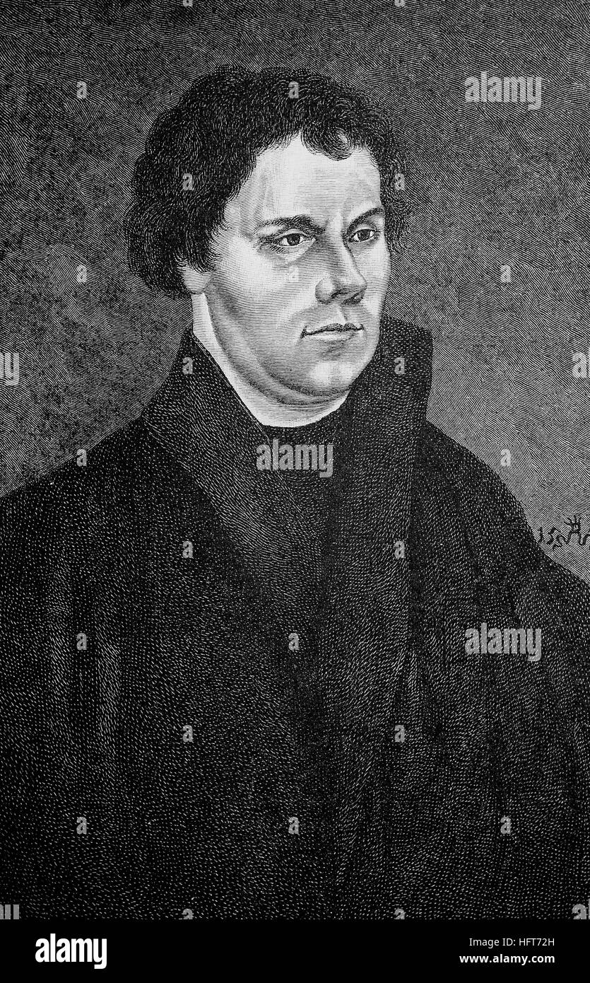 Martin Luther, 1483-1546, a German professor of theology, composer, priest, monk, Portrait in 1525, woodcut from the year 1885, digital improved Stock Photo