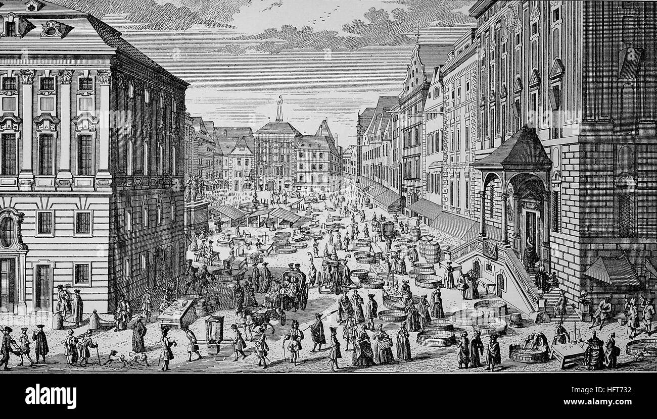 A view from vienna in 1725, street scene, woodcut from the year 1885, digital improved Stock Photo