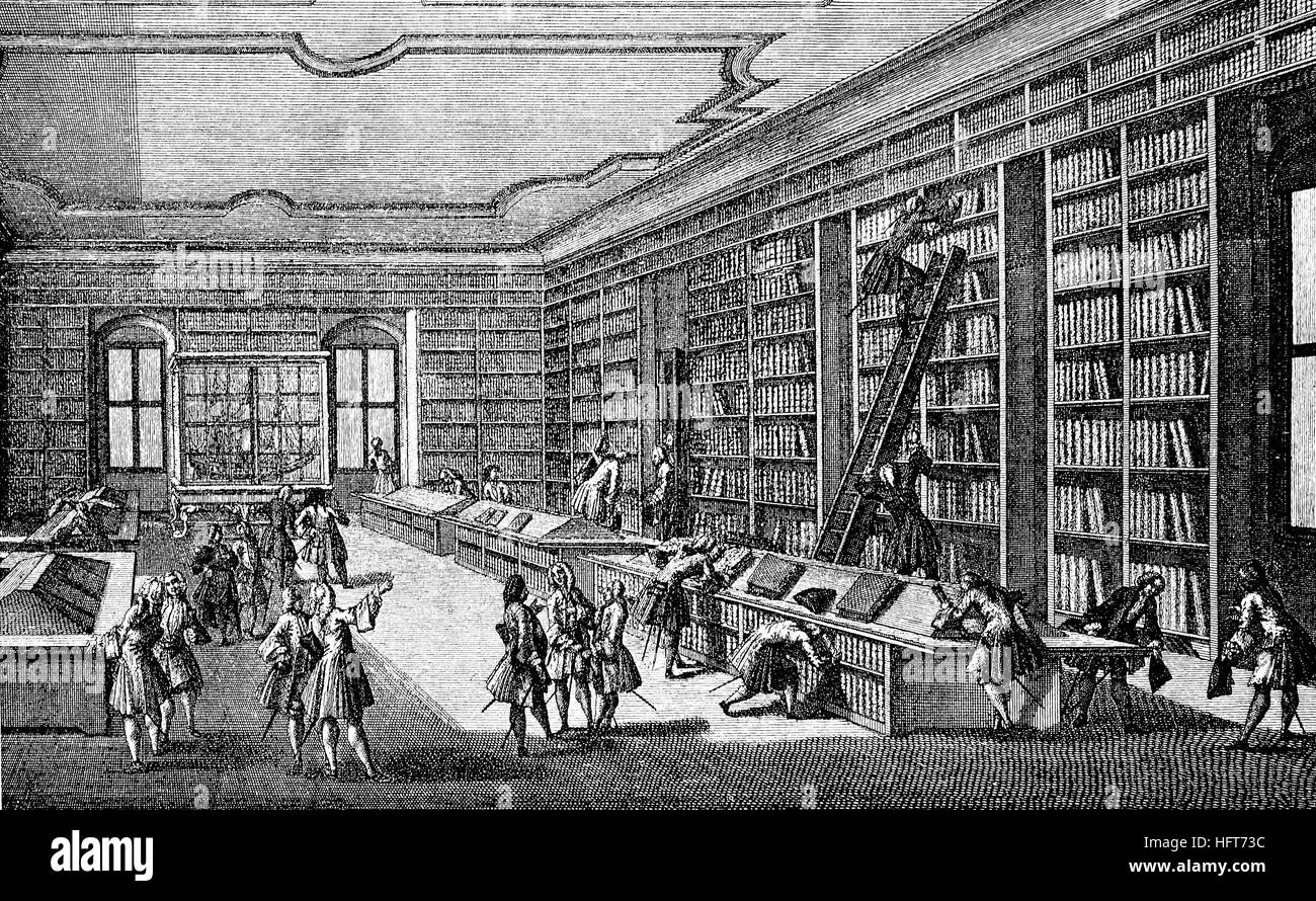 In the library of the University of Goettingen, Germany, woodcut from the year 1885, digital improved Stock Photo