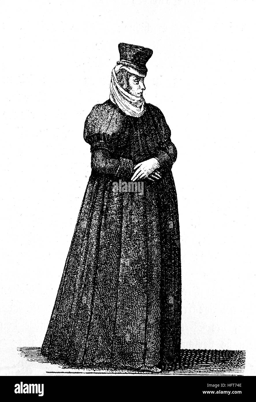 German women's traditional costumes in the 17th century, Clothes of a citizen's wife at Berne, now Switzerland, fashion, woodcut from the year 1885, digital improved Stock Photo