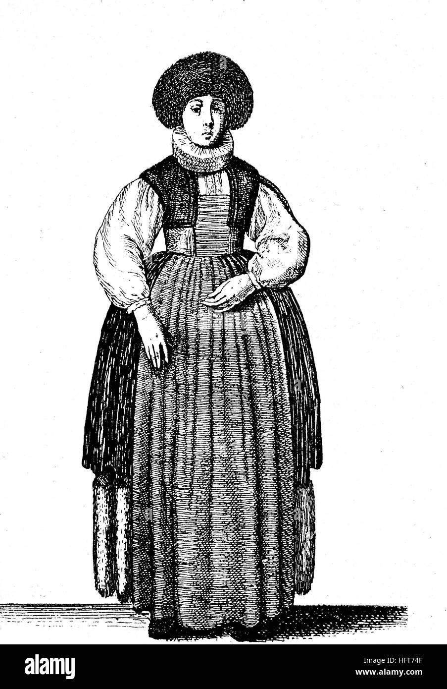 German women's traditional costumes in the 17th century, Clothes of a citizen's wife at Basel, now Switzerland, fashion, woodcut from the year 1885, digital improved Stock Photo