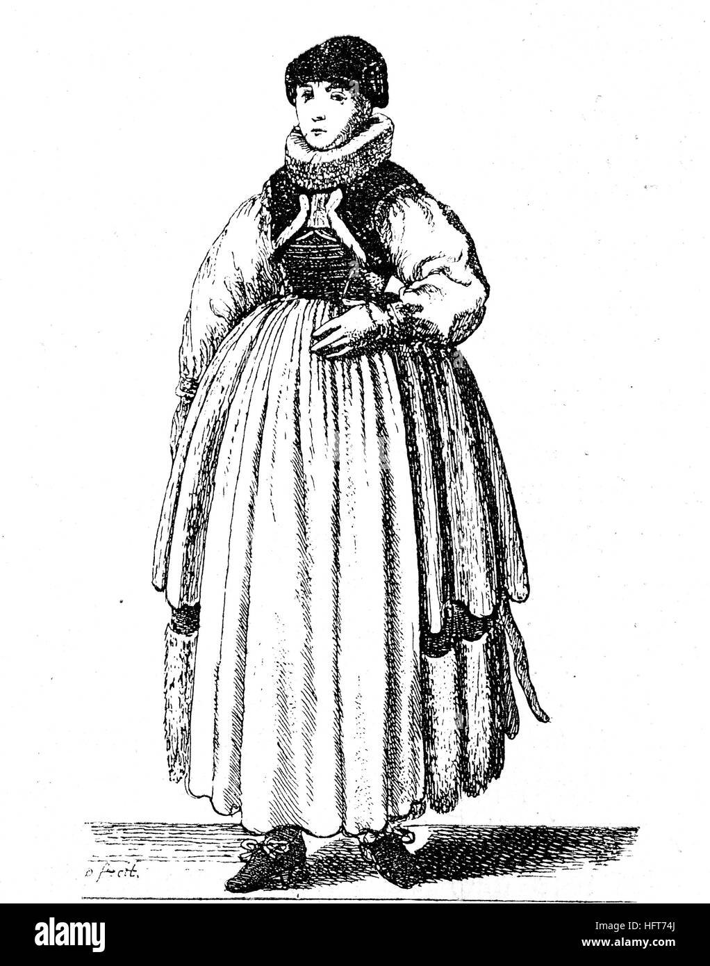 German women's traditional costumes in the 17th century, Clothes of a Strasbourg maiden, now France, fashion, woodcut from the year 1885, digital improved Stock Photo
