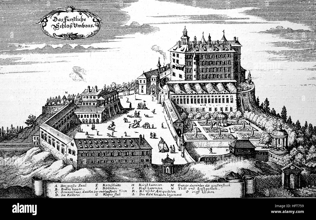 Ambras Castle on a engraving by Matthaeus Merian, mid-17th century, Austria, woodcut from the year 1885, digital improved Stock Photo