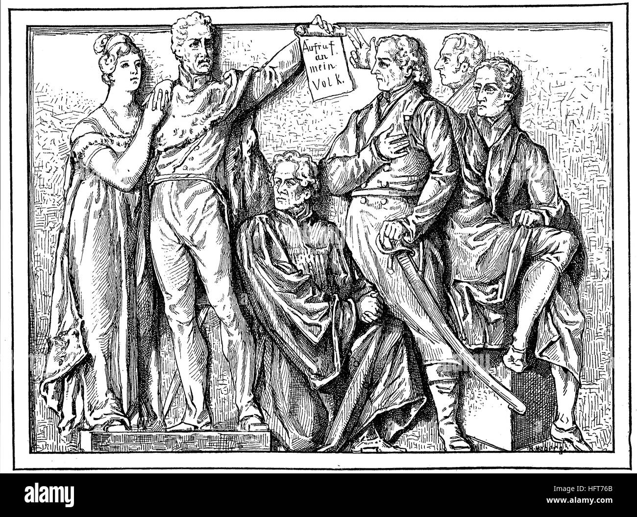 From left, Queen Louise, Frederick William III, Frederick Daniel Ernst Schleiermacher, Johann Gottlieb Fichte, Georg Wilhelm Friedrich Hegel, Johann Carl Friedrich Gauss, are the persons from the Relieffries of Geyer in the National Gallery of Berlin, woodcut from the year 1885, digital improved Stock Photo