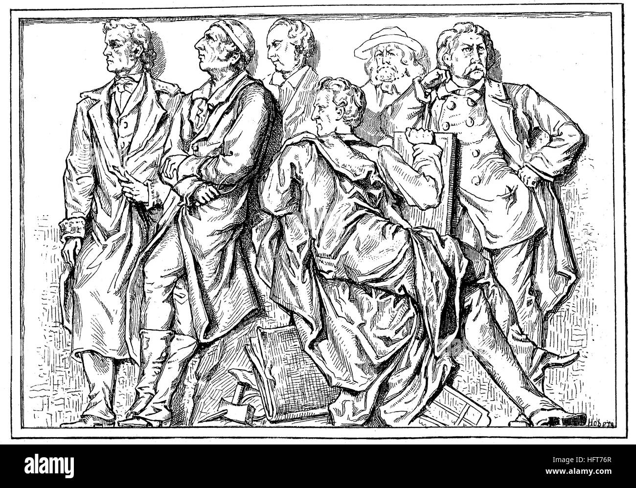 From left, Rietschel, G. Schadow, W. Schadow, Schnorr von Carolsfeld, Rethel und Schwind, are the persons from the Relieffries of Geyer in the National Gallery of Berlin, Germany, woodcut from the year 1885, digital improved Stock Photo