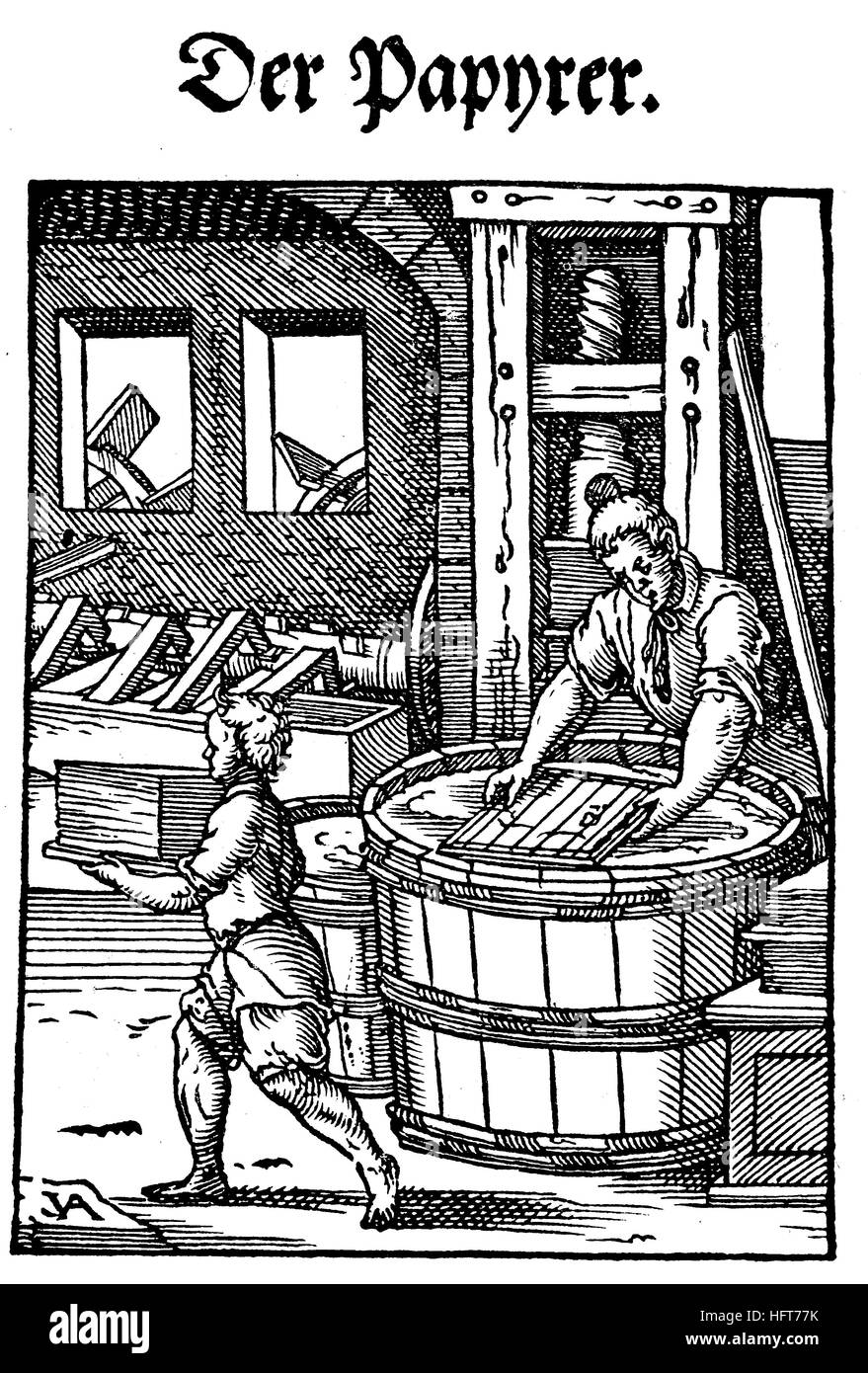 The Paper Maker, Der Papyrer, Woodcut from the book of professional presentations of Jost Amman, 1568, Germany, craft, work, craftsman, woodcut from the year 1885, digital improved Stock Photo