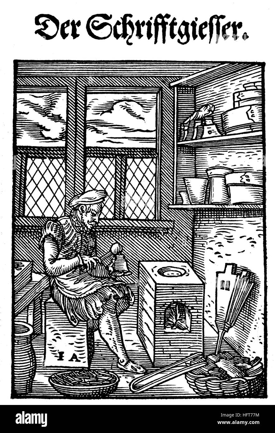 Der Schriftgiesser, type foundry, type founder, Woodcut from the, Das Saendebuch, a famous series of woodcuts of the trades by Amman, 1568, Germany, craft, work, craftsman, woodcut from the year 1885, digital improved Stock Photo