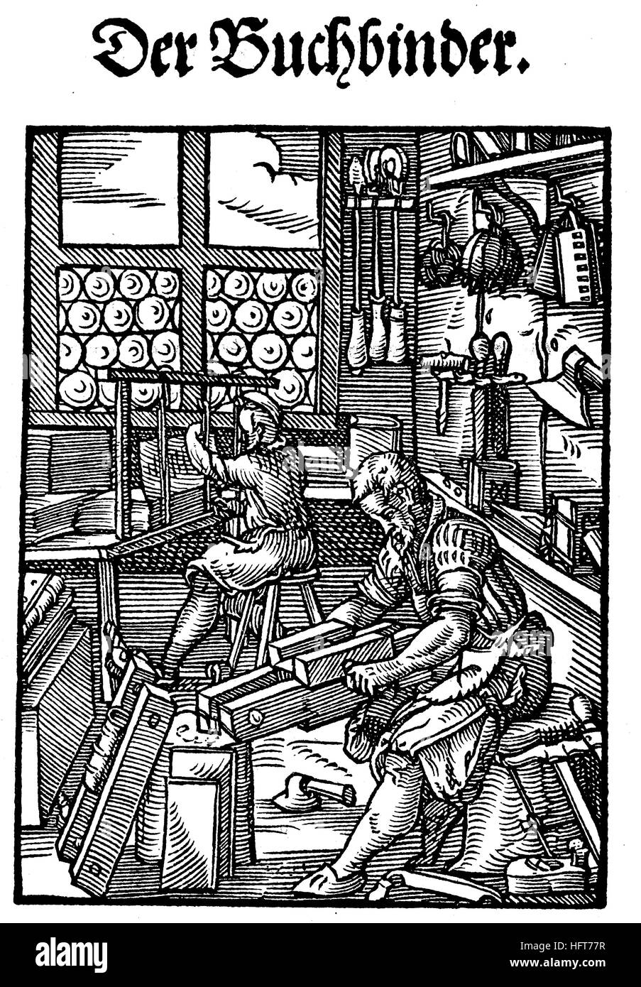 The bookbinder, Der Buchbinder, Woodcut from the, Das Staendebuch, a famous series of woodcuts of the trades by Amman, 1568, Germany, craft, work, craftsman, woodcut from the year 1885, digital improved Stock Photo