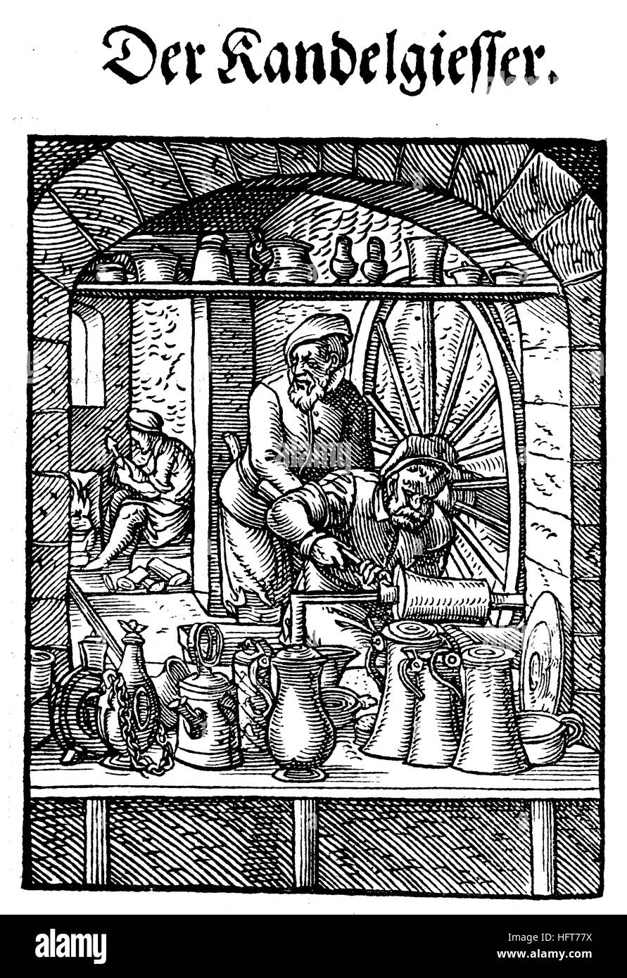 tinsmith, sometimes known as a whitesmith, tinner, tinker, tinman, or tinplate worker, Der Kandelgiesser, Kannengiesser, Woodcut from the, Das Saendebuch, a famous series of woodcuts of the trades by Amman, 1568, Germany, craft, work, craftsman, woodcut from the year 1885, digital improved Stock Photo