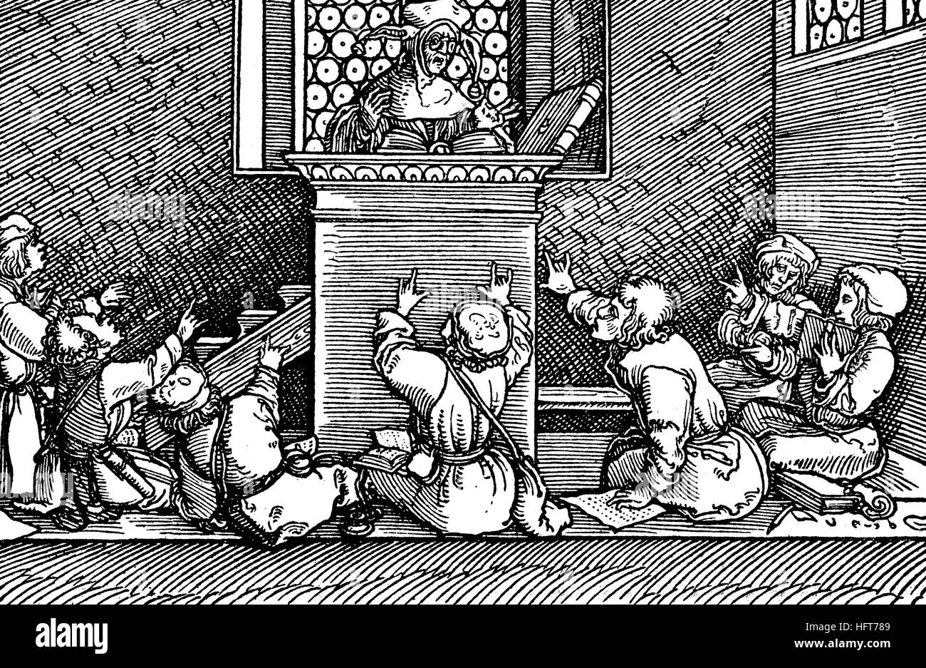 In a schoolroom in the 16th century, Woodcut from the, Pictures zu Schimpf und Ernst, by Hans Burgkmair, 1472-1559, Germany, woodcut from the year 1885, digital improved Stock Photo