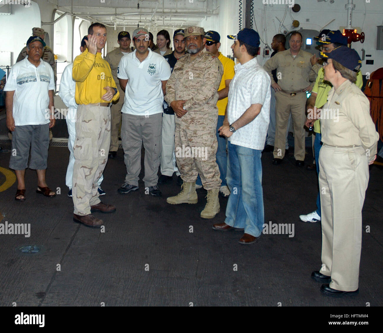 070422-N-8154-G-017 PERSIAN GULF (April 22, 2007) - Deputy Commander of Kuwait Naval Forces, Brig. Gen. Mazouq Al-Bader, visits amphibious assault ship USS Bataan (LHD 5). Bataan, commanded by Capt. Rick Snyder, is on a scheduled deployment as the flagship of Bataan Expeditionary Strike Group (ESG). Bataan ESG is conducting Maritime Security Operations (MSO) which help set the conditions for security and stability in the maritime environment, as well as complement the counter-terrorism and security efforts of regional nations. U.S. Navy photo by Mass Communication Specialist 2nd Class Jeremy L Stock Photo