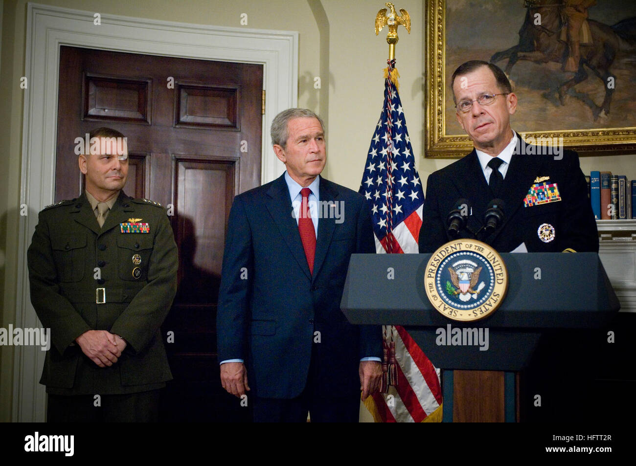 070628-N-0696M-152 WASHINGTON, D.C. (June 28, 2007) - Chief of Naval Operations (CNO) Adm. Mike Mullen speaks following his nomination by President George W. Bush as Chairman of the Joint Chiefs of Staff. Commander, United States Strategic Command, Gen. James E. Cartwright was nominated as Vice-Chairman of the Joint Chiefs of Staff. The nominations were held in the Roosevelt Room at the White House. U.S. Navy photo by Mass Communication Specialist 1st Class Chad J. McNeeley (RELEASED) US Navy 070628-N-0696M-152 Chief of Naval Operations (CNO) Adm. Mike Mullen speaks following his nomination by Stock Photo