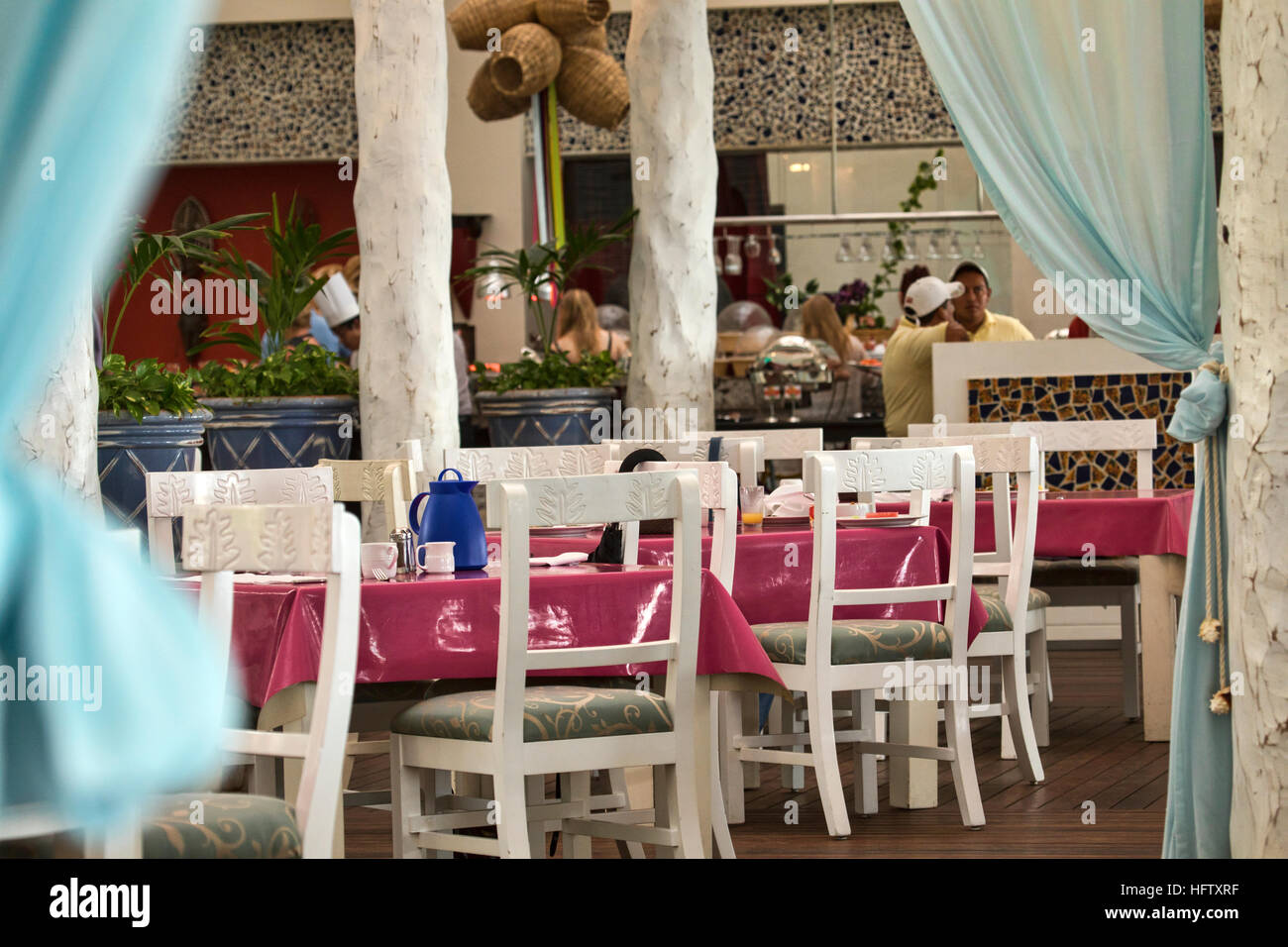 View of Mexico resort estaurant cafe table server. Luxury resort on Mexican ...