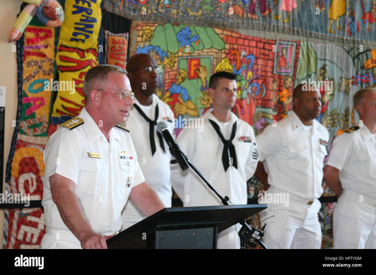 070901-N-7163S-001 CINCINNATI (September 1, 2007) – U.S. Joint Forces Command Chief of Staff Rear Adm. Ben Wachendorf addresses a tour group at the National Underground Railroad Freedom Center moments before the re-enlistment ceremony of local Sailor Yeoman 1st Class Robin Titus. Wachendorf, a Cincinnati native, was in town as the senior officer presiding over Navy Week in the Greater Cincinnati area. Navy Weeks are designed to show Americans the investment they have made in their Navy and to increase awareness in cities that do not have a significant Fleet presence. U.S. Navy Photo by Mass Co Stock Photo