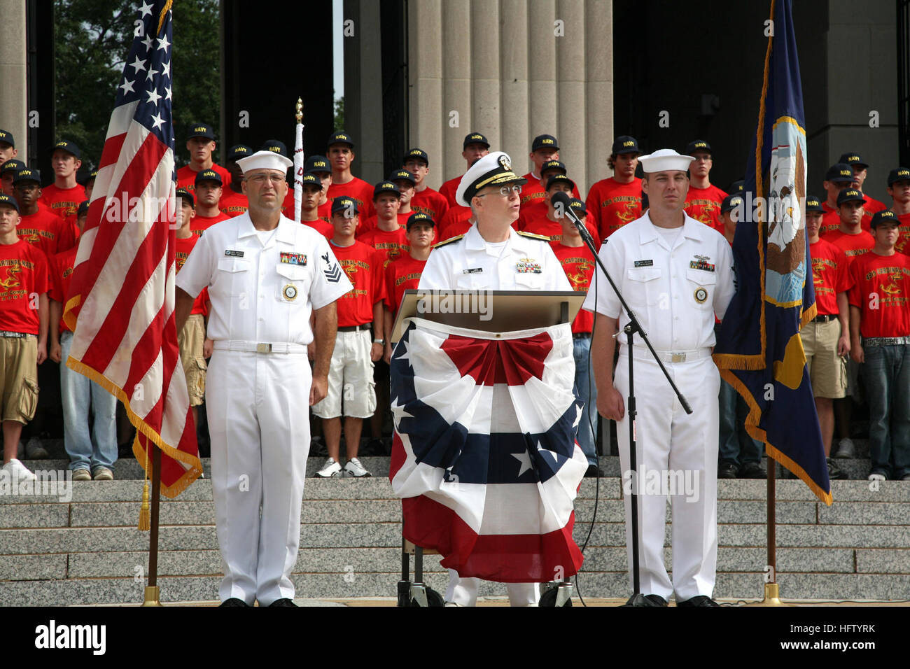 070906-N-3271W-003 ST. LOUIS (Sept. 6, 2007) - Rear Adm. Lee J. Metcalf, director of the Global Maritime Situational Awareness national office, addresses family members prior to swearing members of the 49th Cardinal Company into the Navy at the Soldier’s Memorial. The 49th is a group of enlisted recruits from Navy Recruiting District St. Louis, so named because the St. Louis Cardinals have sponsored such groups annually since 1959. The enlistment ceremony is part of St. Louis Navy Week, which runs Aug. 28 to Sept. 6. U.S. Navy photo by Chief Mass Communication Specialist Gary Ward (RELEASED) U Stock Photo