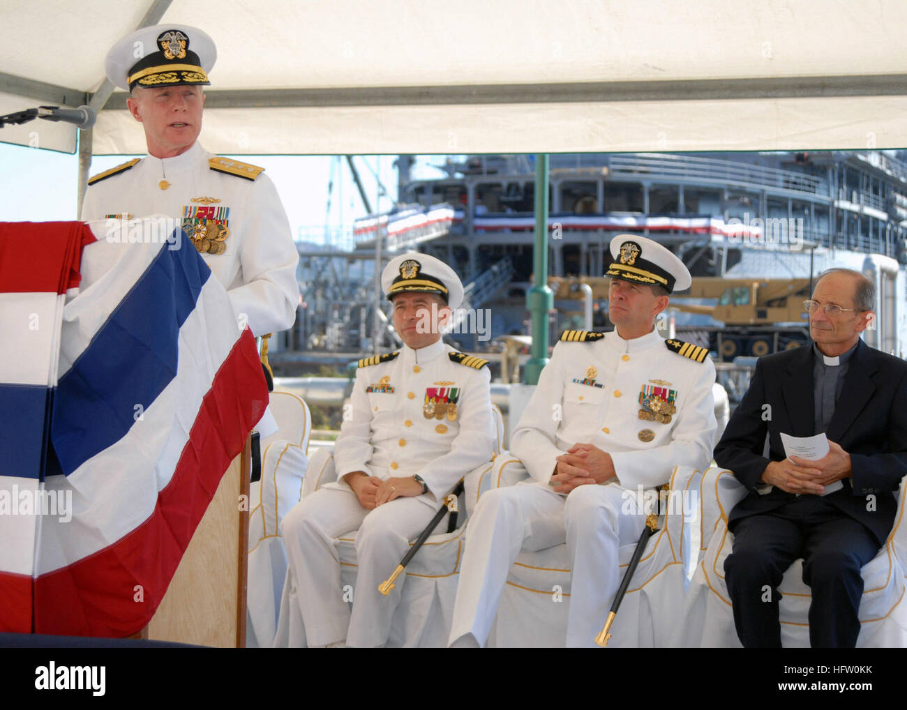 070921-N-7848T-001  LA MADDALENA, Italy (Sept. 21, 2007) - Rear Adm. Charles J. Leidig Jr., commander of Submarine Group 8, delivers a speech during the disestablishment ceremony for Commander Submarine Squadron (COMSUBRON) 22, on Santo Stefano Island. COMSUBRON 22 was established in 1983, and provided operational training and logistics support to assigned units and operating forces in the La Maddalena area. U.S. Navy photo by Mass Communication Specialist 2nd Class Aimee N. Tortorich (RELEASED) US Navy 070921-N-7848T-001 Rear Adm. Charles J. Leidig Jr., commander of Submarine Group 8, deliver Stock Photo