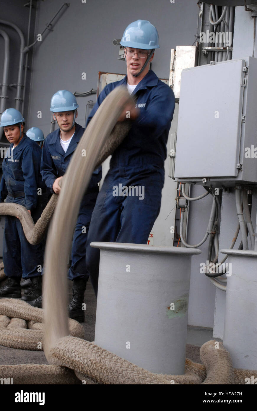 Sailors conduct line handling operations on the fantail of Nimitz-class ...