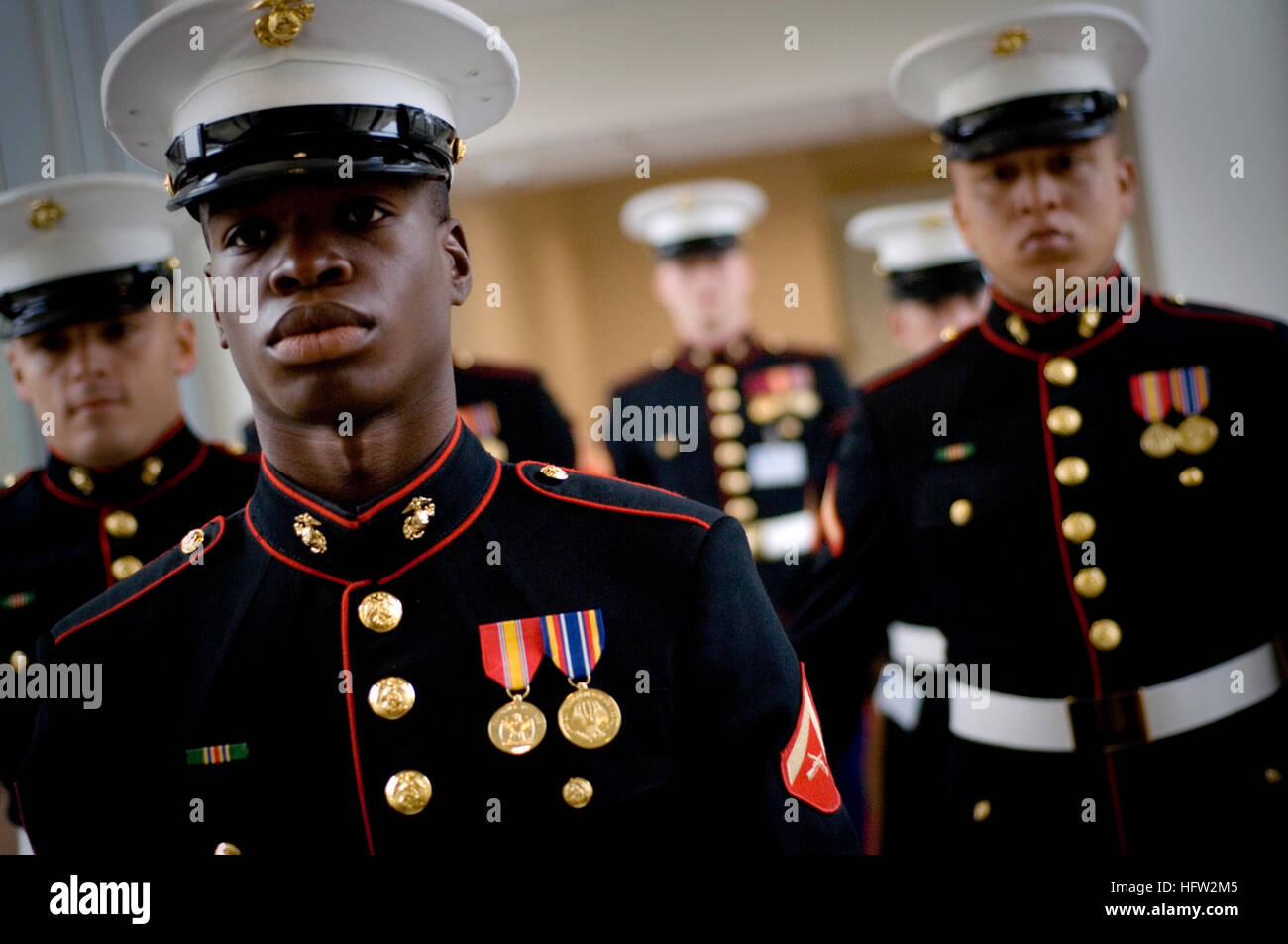 U.S. Marine Corps Ceremonial Guard members stand at attention