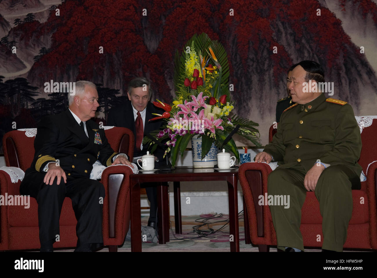 080114-N-8623G-044 BEIJING (Jan 14, 2008) Adm. Timothy J. Keating, commander of U.S. Pacific Command, and Gen. Guo Boxiong, vice chairman of the Central Military Commission meet in Beijing. Keating was in Beijing to meet with military and government officials. U.S. Navy photo by Mass Communication Specialist 2nd Class Elisia V. Gonzales (Released) US Navy 080114-N-8623G-044 Adm. Timothy J. Keating, commander of U.S. Pacific Command, and Gen. Guo Boxiong, vice chairman of the Central Military Commission meet in Beijing Stock Photo
