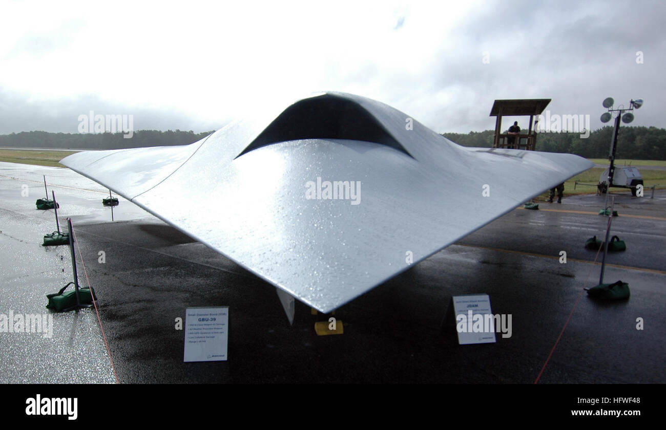 050627-N-0295M-322 St. Inigoes, Md. (June 27, 2005) Ð A full scale Joint Unmanned Combat Air Systems (J-UCAS) X-45C on display at the 2005 Naval Unmanned Aerial Vehicle Air Demo held at the Webster Field Annex of Naval Air Station Patuxent River. Operational missions for the X-45C may include suppression of enemy air defenses; strike; electronic attack; and intelligence, surveillance and reconnaissance. The daylong UAV demonstration highlights unmanned technology and capabilities from the military and industry and offers a unique opportunity to display and demonstrate full-scale systems and ha Stock Photo