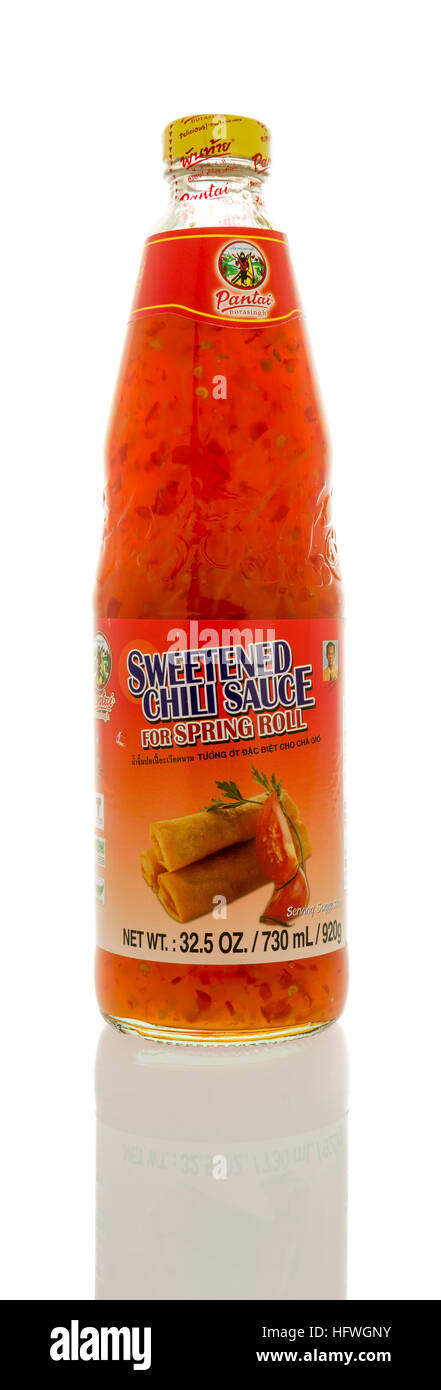Winneconne, WI - 22 December 2016: Bottle of sweetened chili sauce made by Pantai on an isolated background. Stock Photo