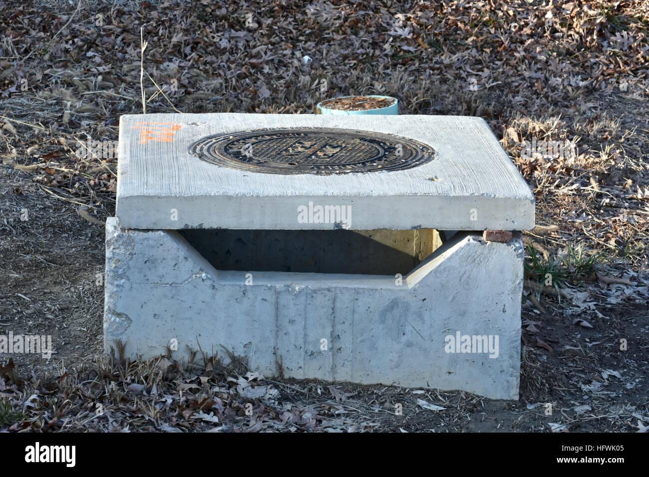 A covered manhole with an exposed opening for the storm drain Stock Photo
