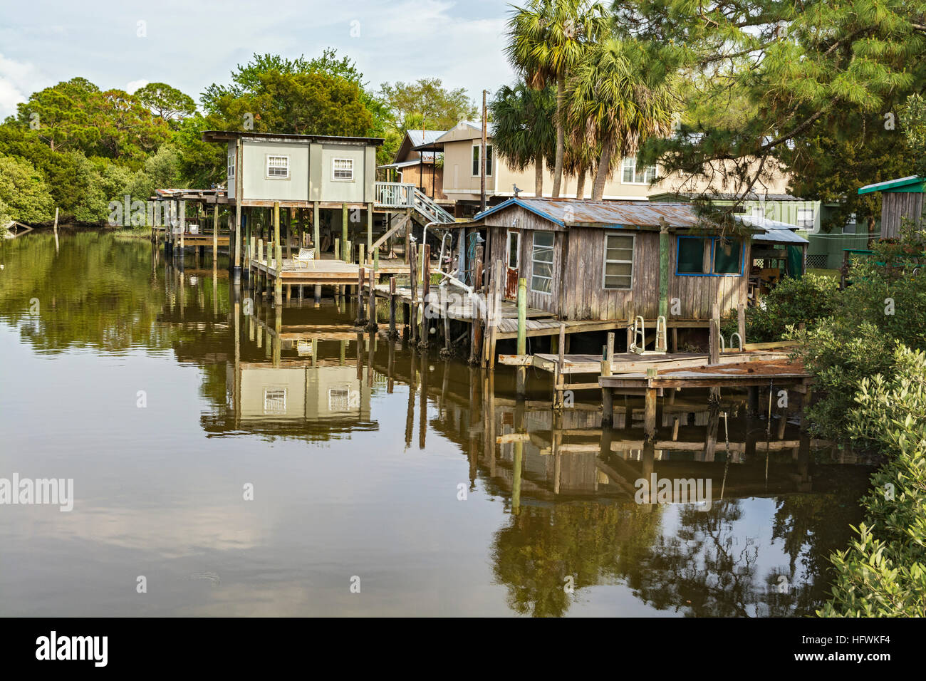 Florida, Cedar Key, private residences on canal bayou Stock Photo