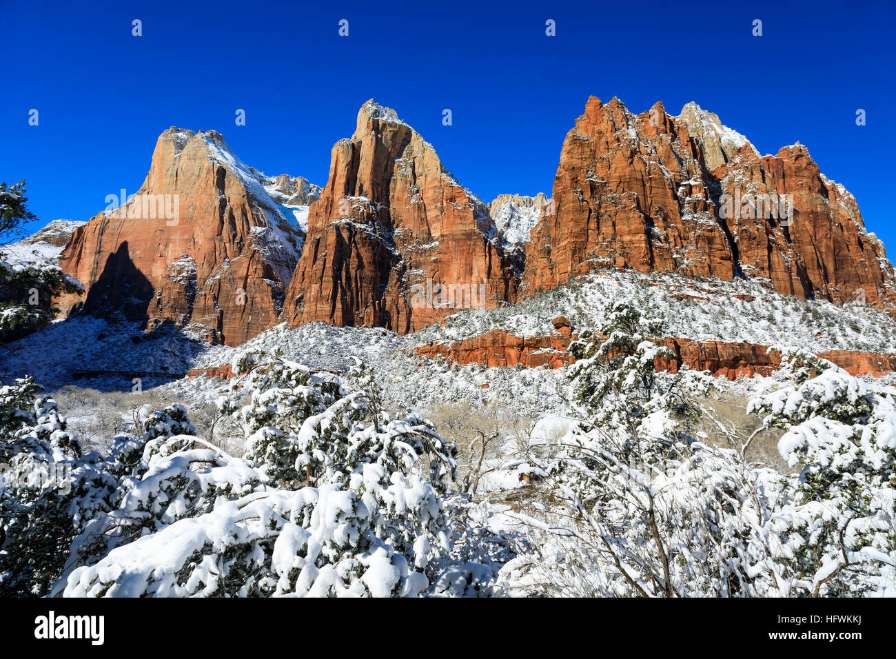 The Court of the Patriarchs with a fresh covering of snow in Zion Canyon, Zion National Park Utah USA Stock Photo