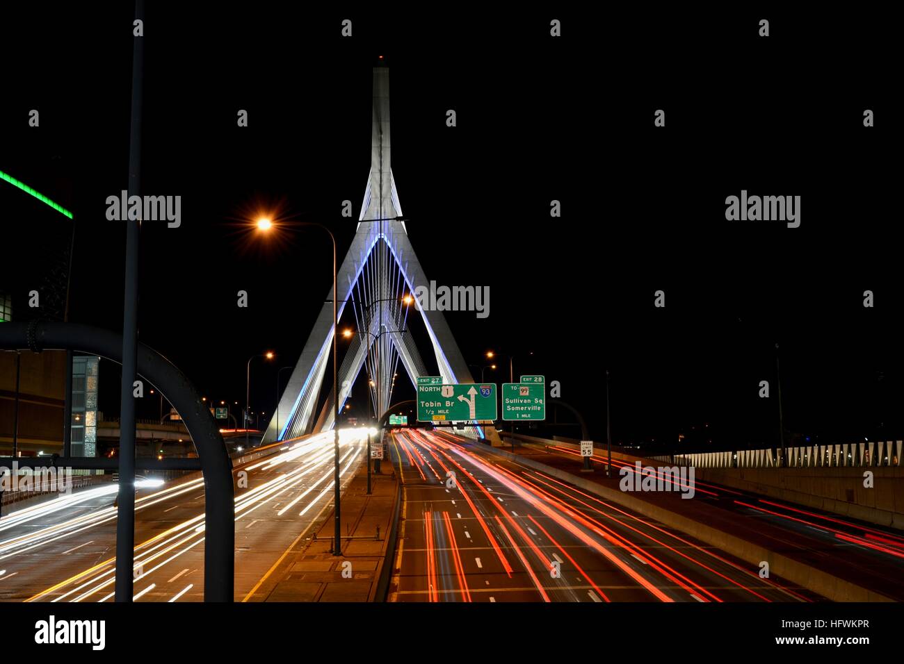A long exposure of Boston's iconic Zakim suspension bridge adjacent to