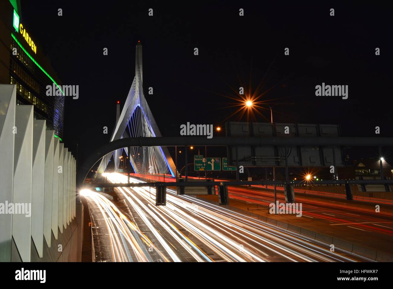 A long exposure of Boston's iconic Zakim suspension bridge adjacent to