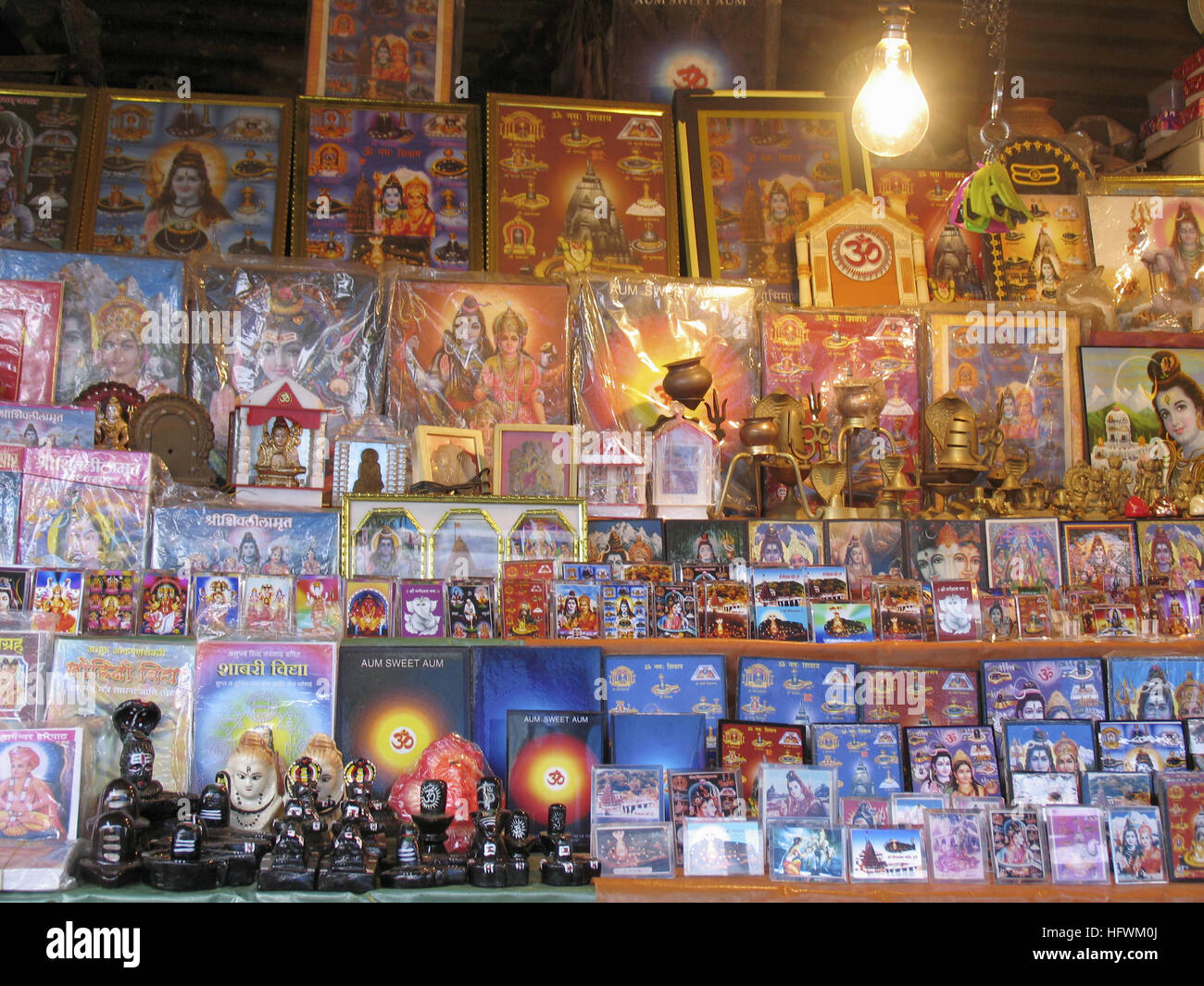 Shops on the pathway to temple. Bhimashankar, Maharashtra. Common scene. Sell the things required for traditional worshipping. Stock Photo