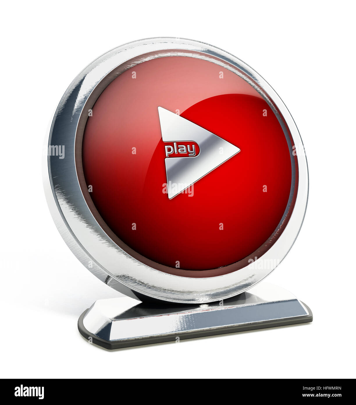 Glossy red button with play button. 3D illustration. Stock Photo