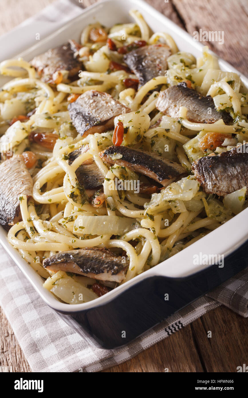 Sicilian pasta bucatini with sardines, fennel, raisins and pine nuts