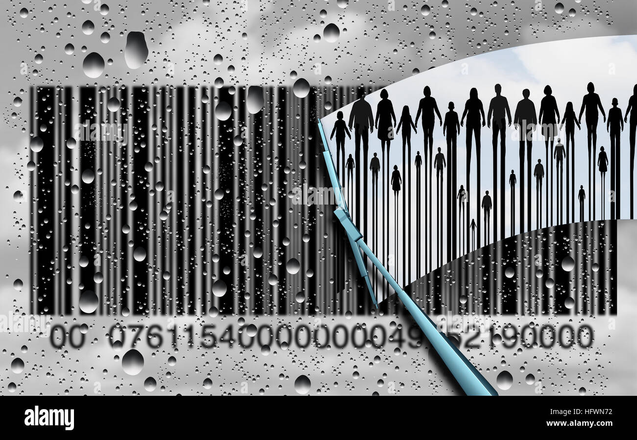 Consumer research concept and customer retail shopping trends as a cloudy rain soaked window with a bar code and a wiper clearing the confusion to rev Stock Photo