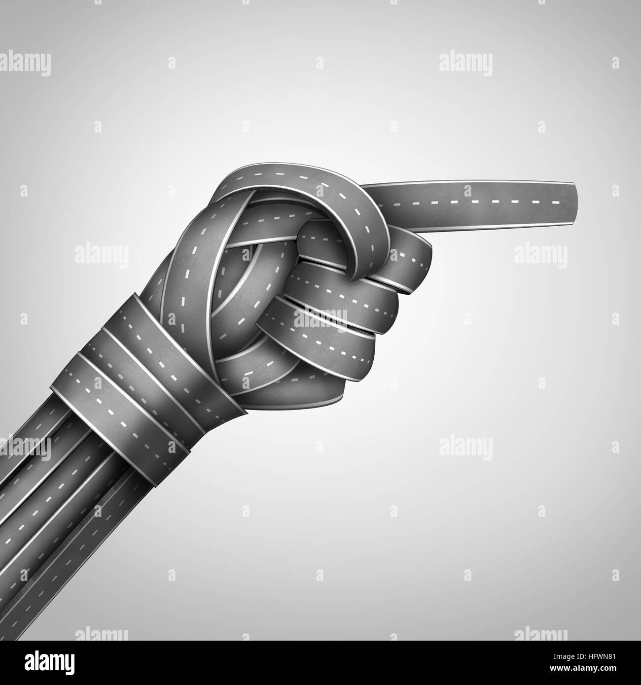 Pointing direction concept as a group of road and path objects shaped as a human hand finger point gesture as an instruction and indicator metaphor fo Stock Photo