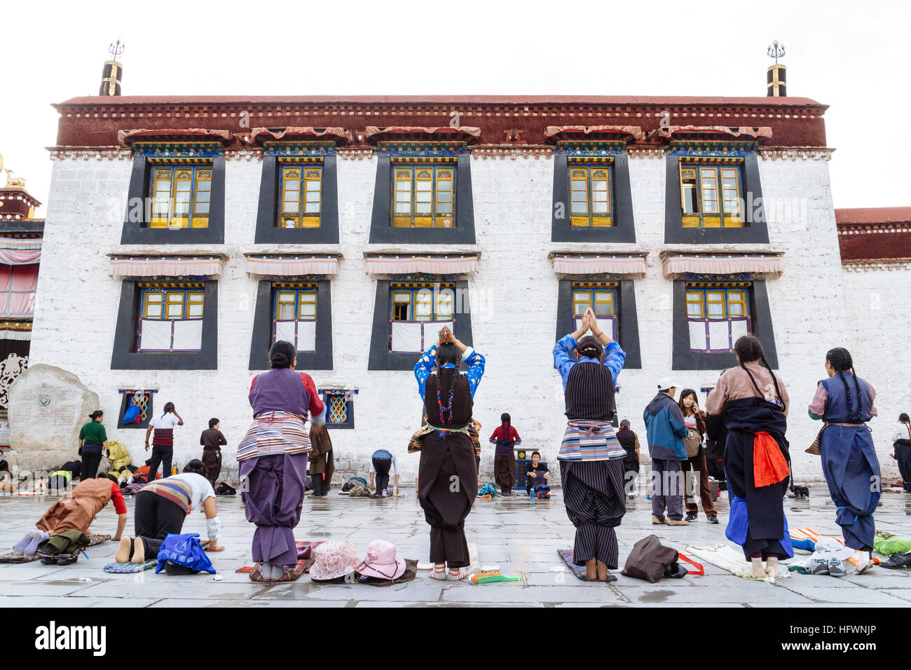 Lhasa, Tibet - The view of many Pilgrims at the Jokhang Temple Square in the daytime. Stock Photo