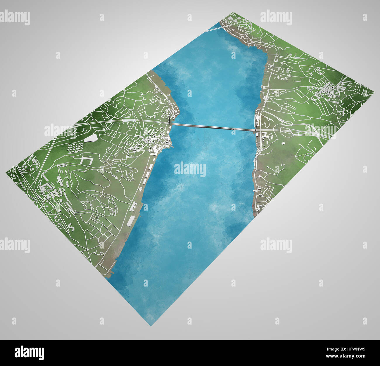 Istanbul map, satellite view, city, Turkey, close up of the city, Bosphorus Bridge, map drawn by hand. 3d rendering Stock Photo