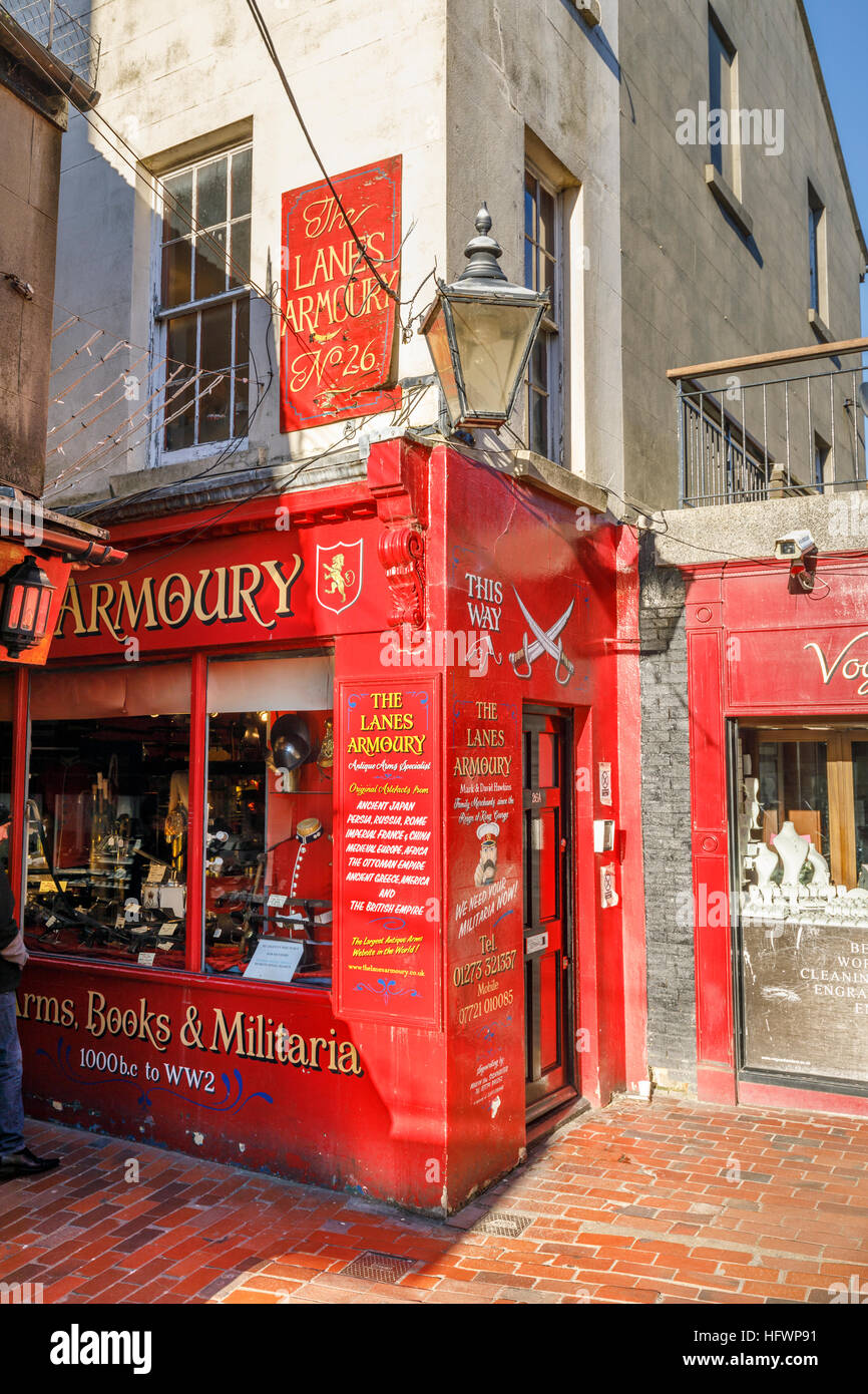 Red shopfront of The Lanes Armoury, Brighton, UK Stock Photo