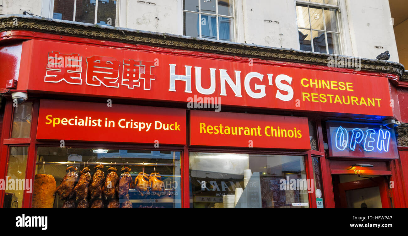 Shop front of Hung's Chinese Restaurant in Wardour Street, Chinatown, Westminster, London West
