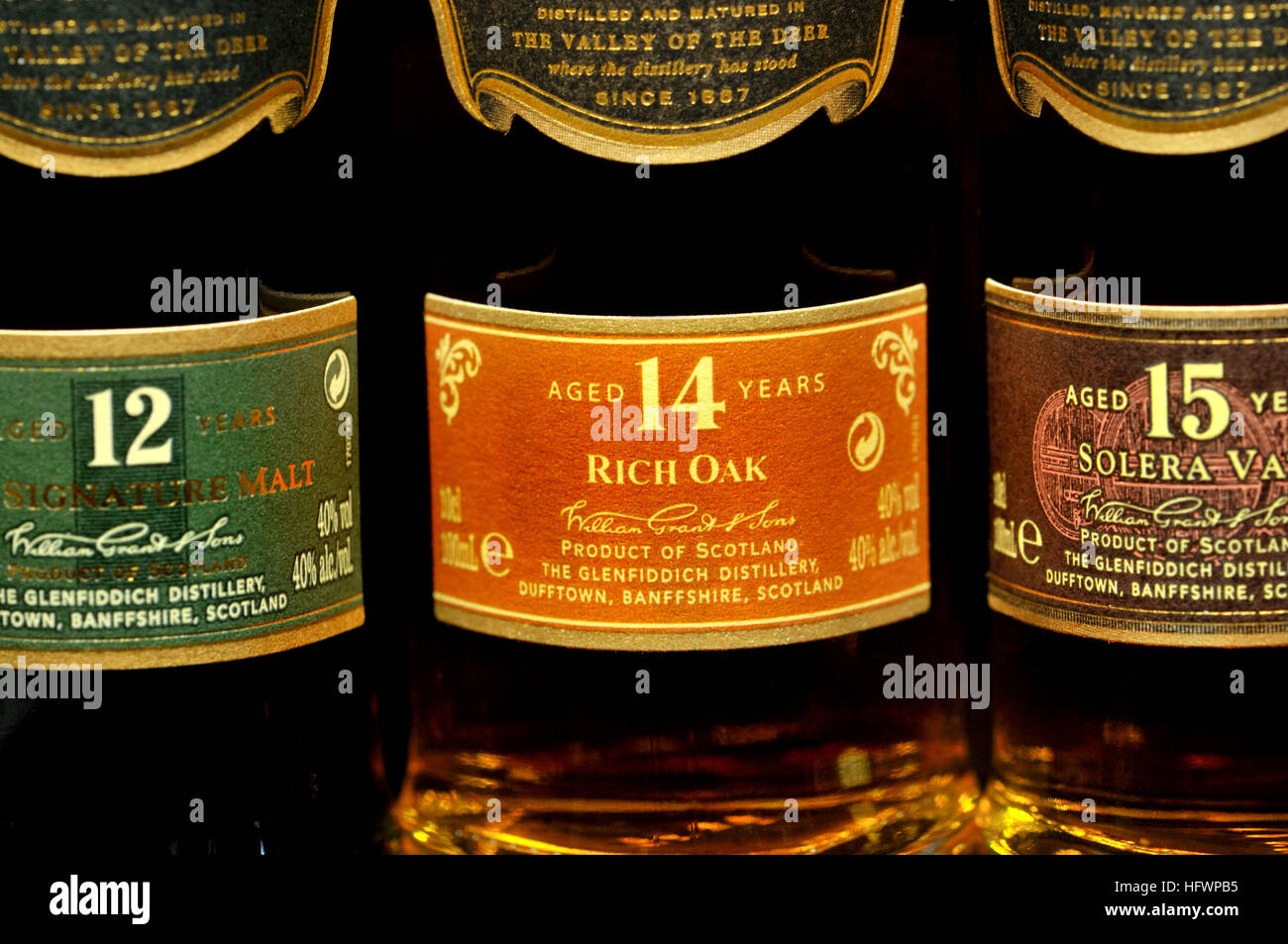 Whisky bottles - (Glenfiddich) 12, 14 and 15 years old Stock Photo