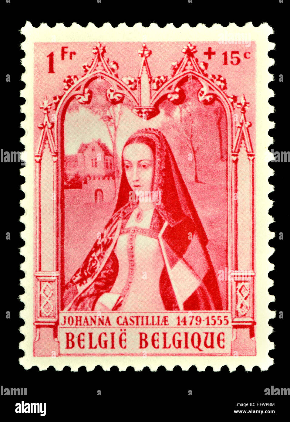 Belgian postage stamp (1941) : Joanna of Castile (1479 – 1555), called' the Mad' (Spanish: Juana la Loca) Queen of Castile from 1504 and of Aragon fro Stock Photo