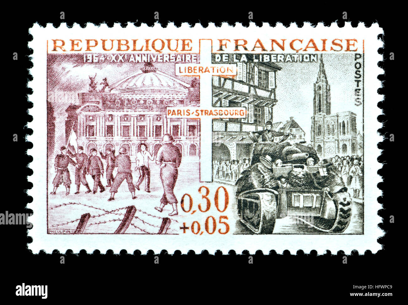 French postage stamp (1964) : 20th anniversary of the Liberation by allied troops in WW2. Paris and Strasbourg Stock Photo
