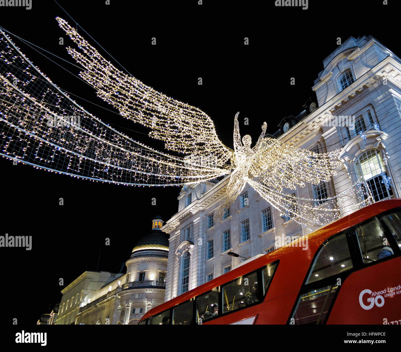 Flying angel Christmas lights at night in Regent Street, the West End