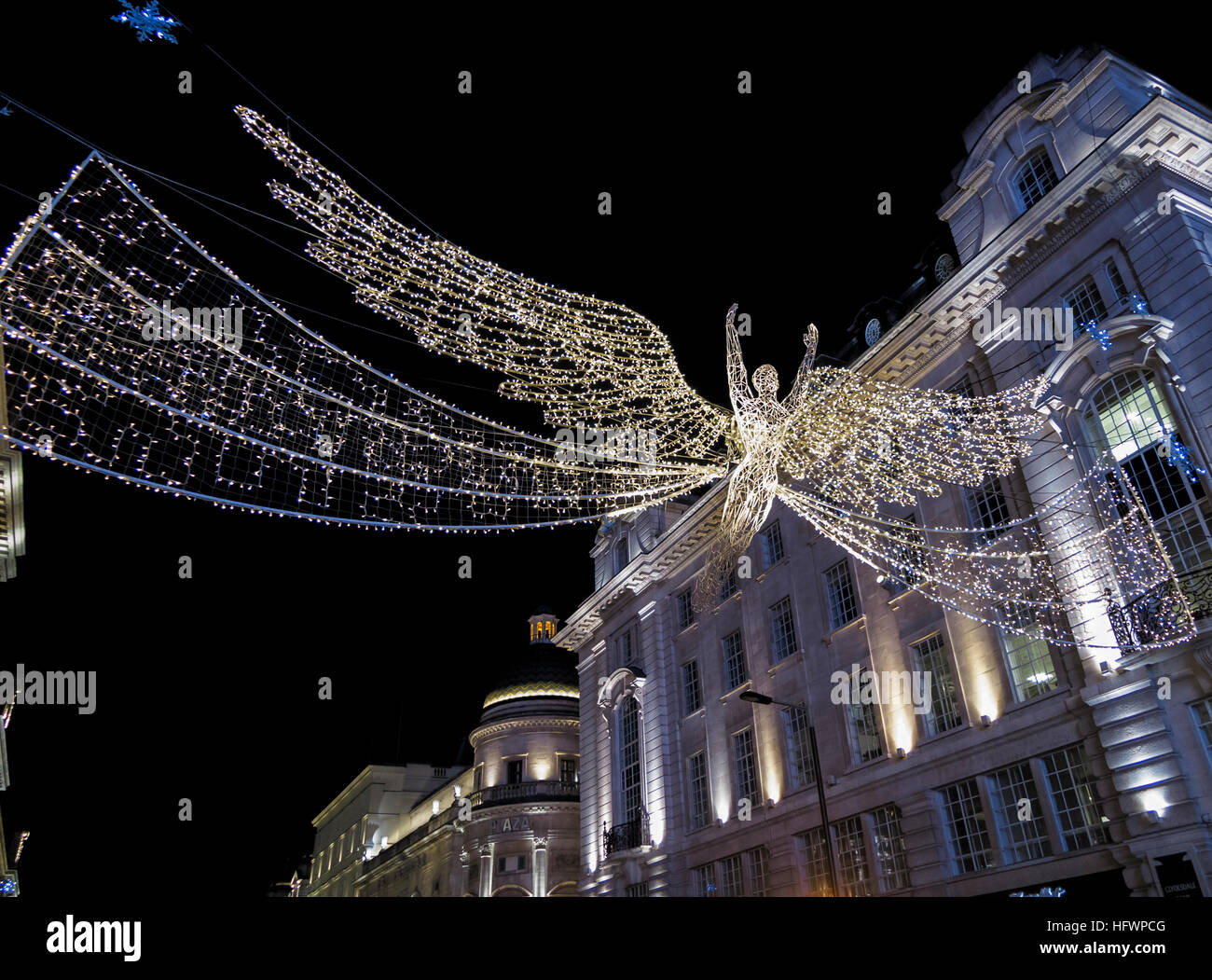 Flying angel Christmas lights at night in Regent Street, the West End